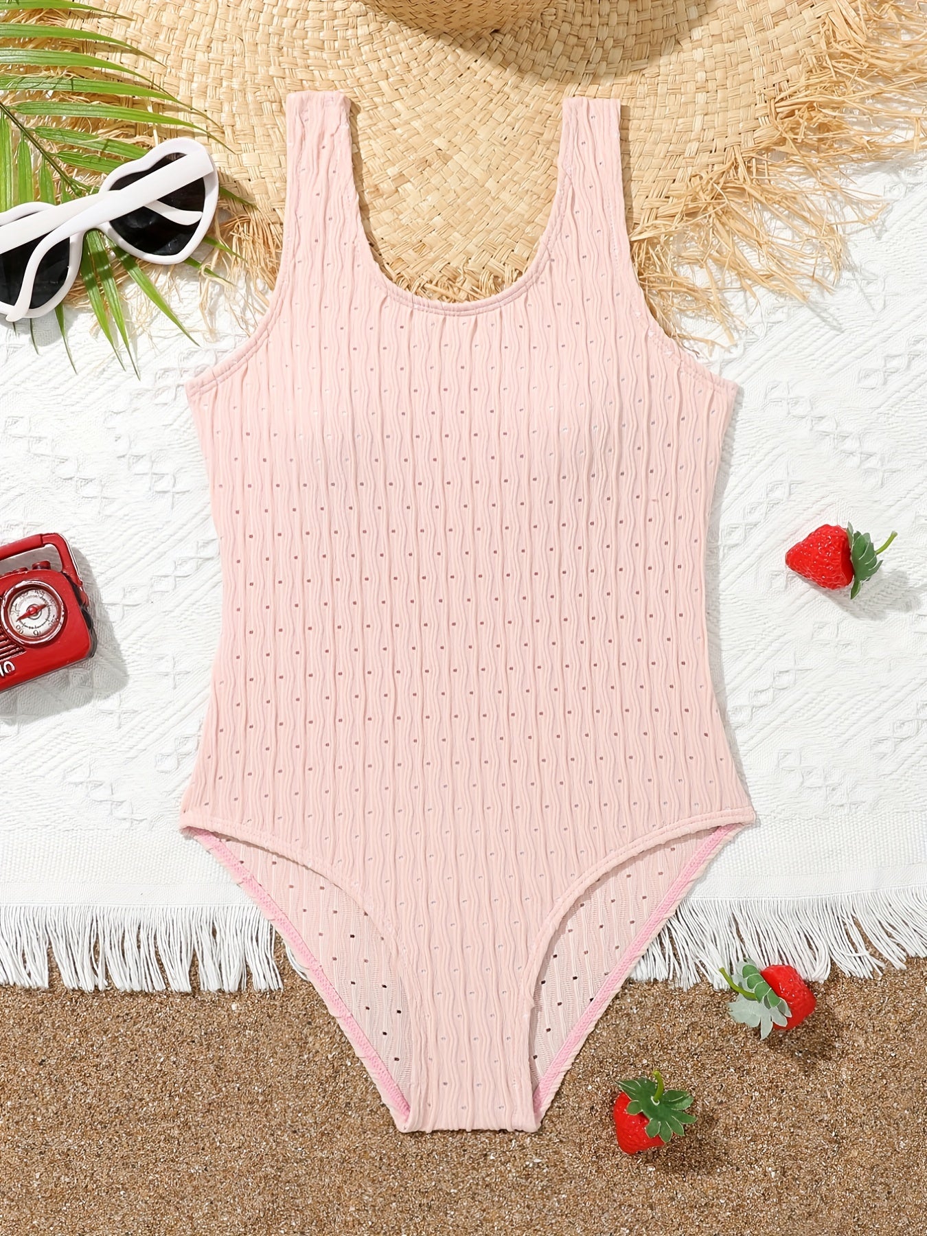 Girls One Piece Swimsuit Sleeveless Solid Textured Beach Vacation