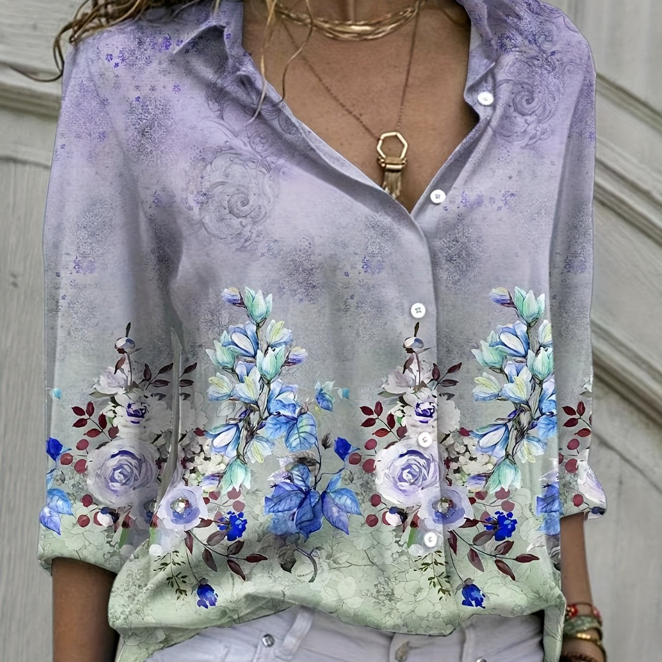 Blouse Women's Plus Floral Print Ombre Long Sleeve Shirt Top