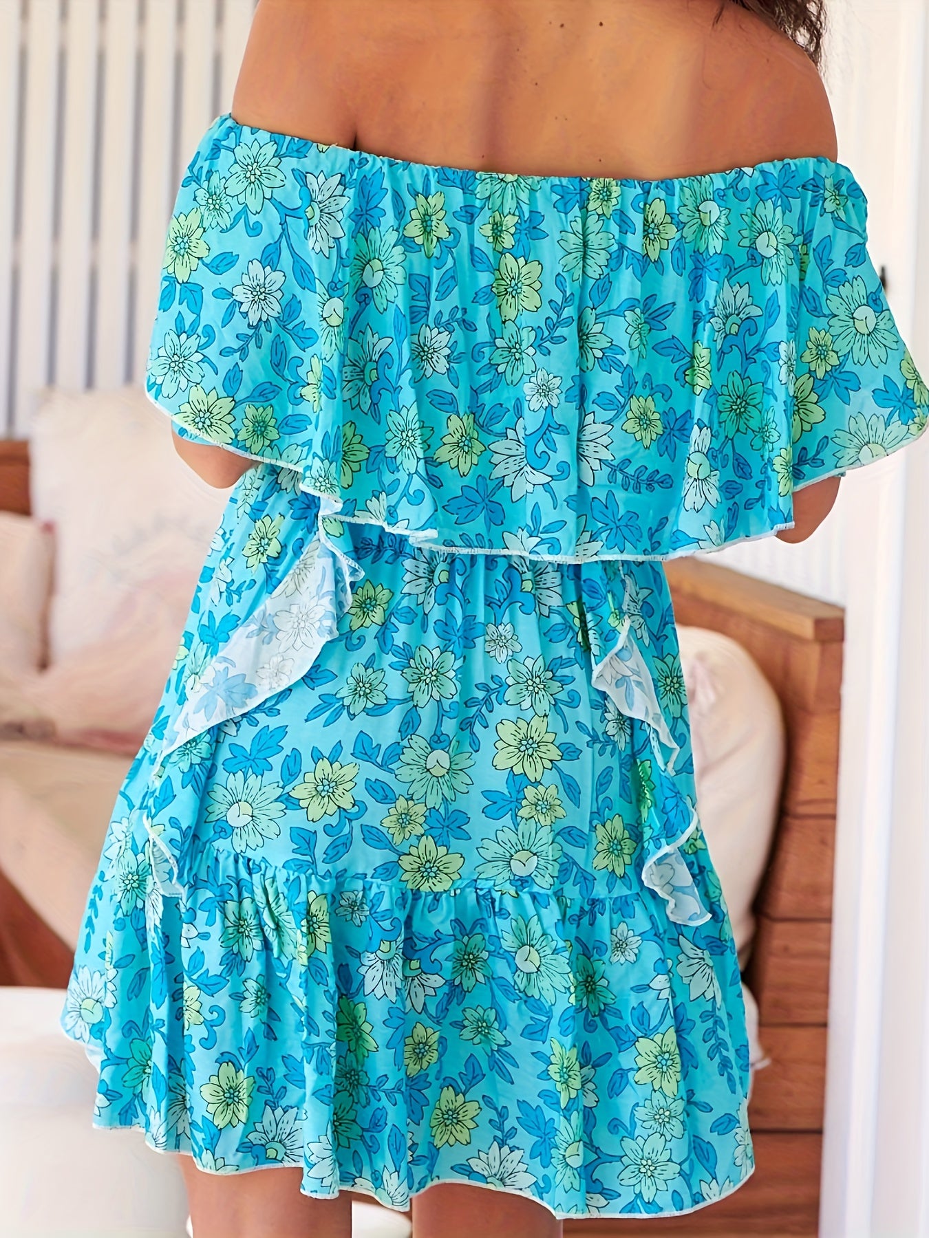 Boho Dress Women's Plus Floral Print Ruffle Trim Off Shoulder A line Mini Dress