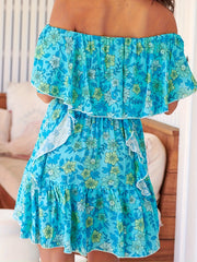 Boho Dress Women's Plus Floral Print Ruffle Trim Off Shoulder A line Mini Dress