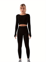 Solid Yoga Set Quick Drying Sports Suit Long Sleeve Sports Bra & High Waist Legg