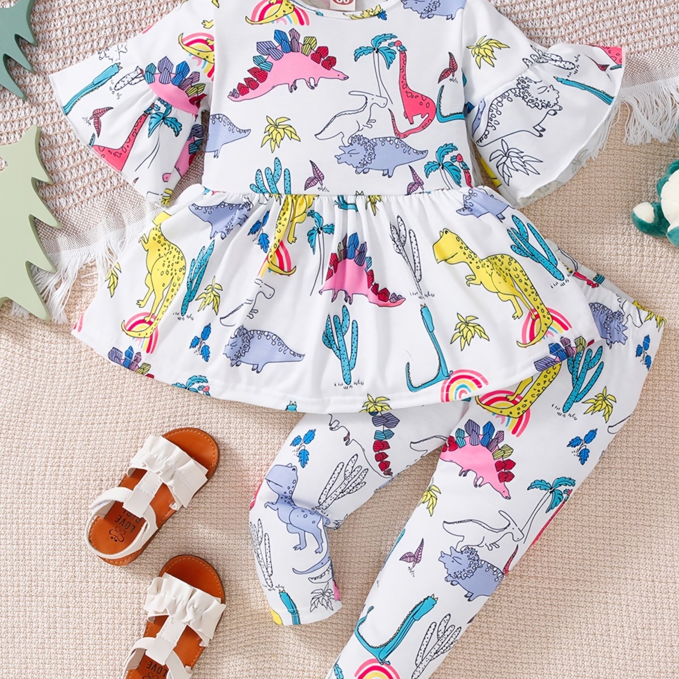 Girls Dino Print Top & Leggings Set for Autumn