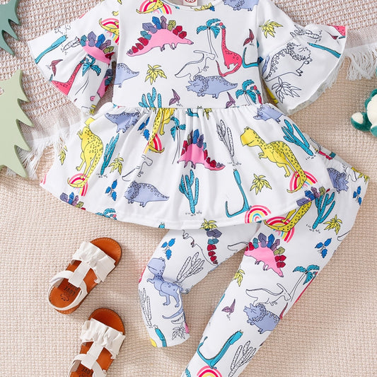 Girls Dino Print Top & Leggings Set for Autumn