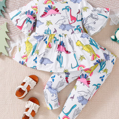 Girls Dino Print Top & Leggings Set for Autumn