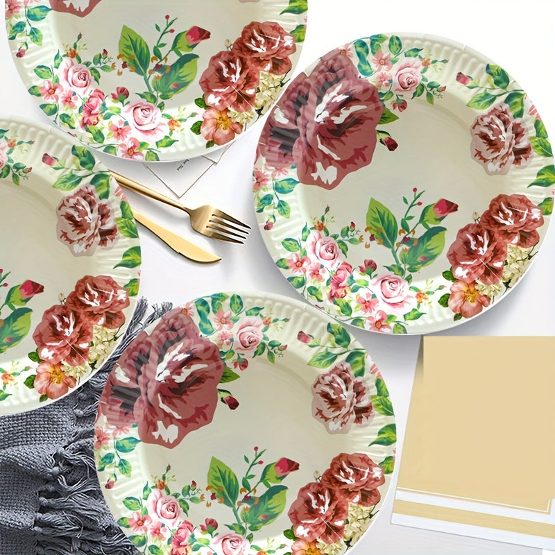 Rose Floral Paper Plates Cups & Napkins Set