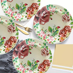 Rose Floral Paper Plates Cups & Napkins Set