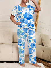 Floral Print Plus Size Pajama Set - Short Sleeve Round Neck T shirt & Pants