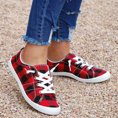 Red Plaid Canvas Shoes Lace Up Flat Sneakers Lightweight Low Top Shoes