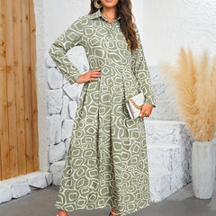 Graphic Print Maxi Dress Long Sleeve Ruched Dress With Collar