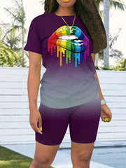 Lips Print 2pcs Set Short Sleeve T Shirt & Biker Shorts