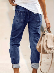 Women's Ripped Straight Jeans Non-Stretch Denim Pants