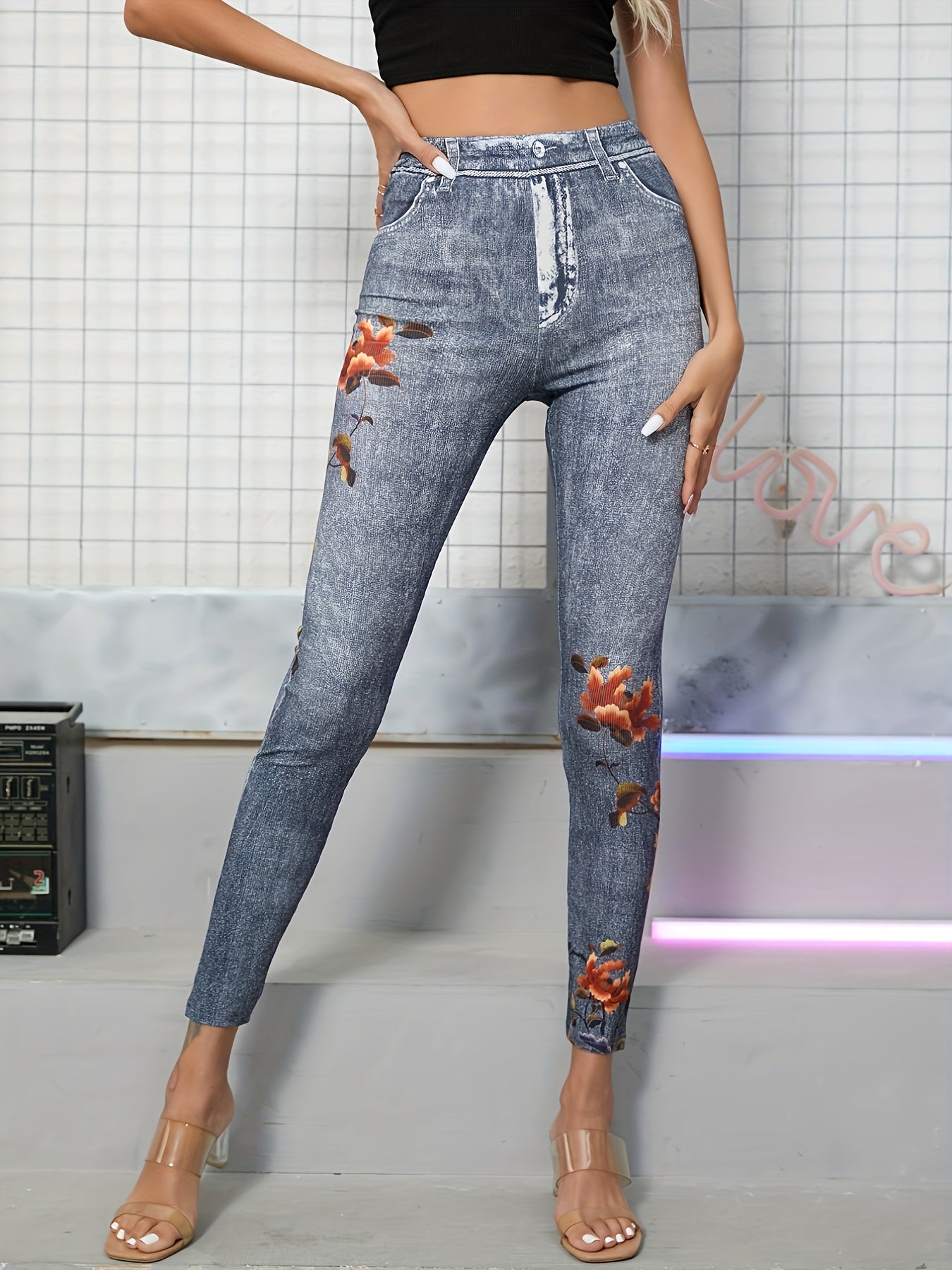 Floral & Denim Print Skinny Leggings Vintage High Waist Leggings Women