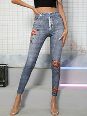 Floral & Denim Print Skinny Leggings Vintage High Waist Leggings Women