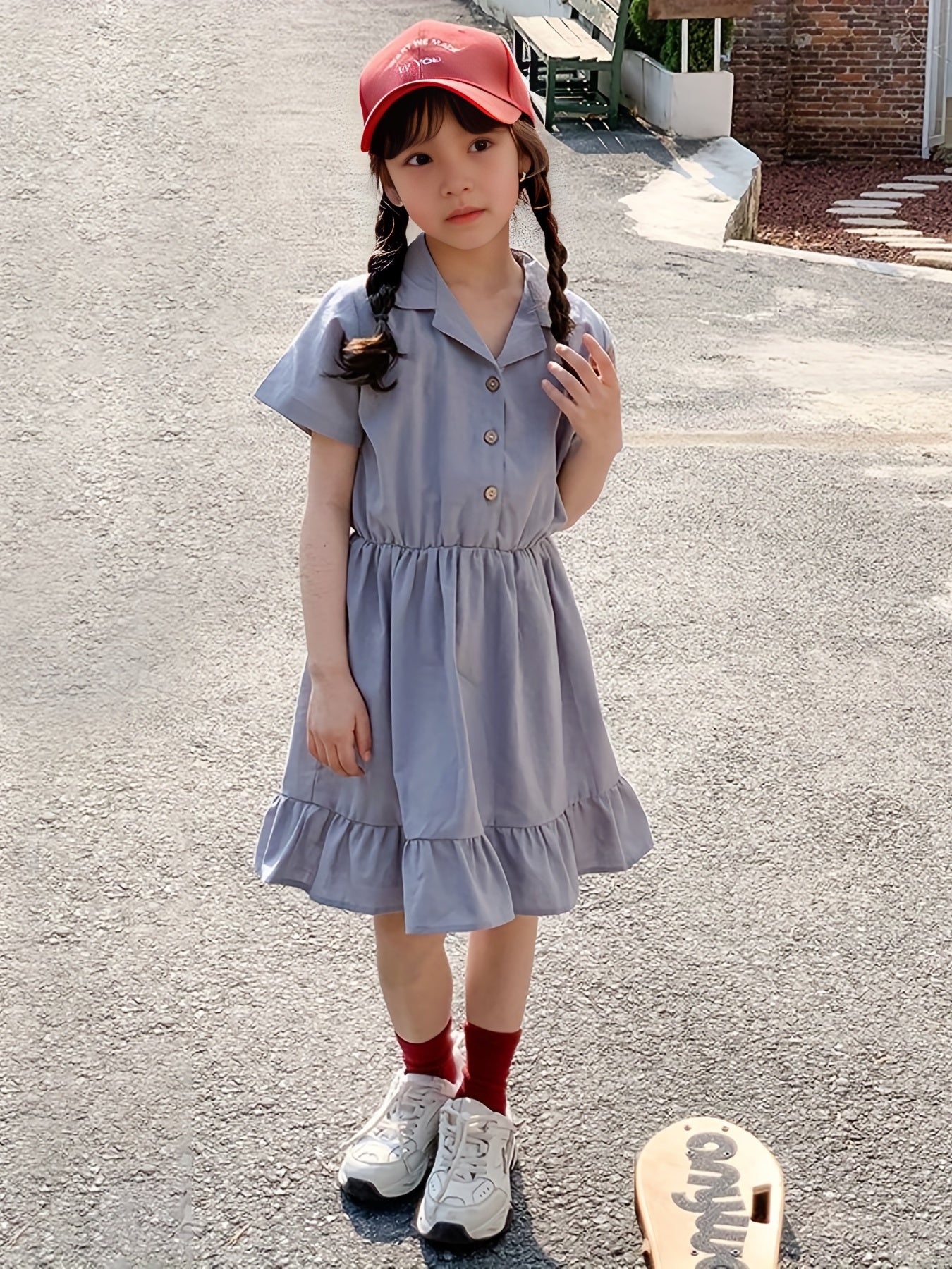 Girls Cotton One Piece Dress Short Sleeve Crew Neck Kids Summer Clothing