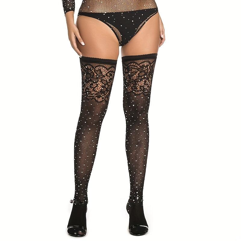 Sexy Rhinestone Floral Jacquard Fishnet Thigh High Stockings