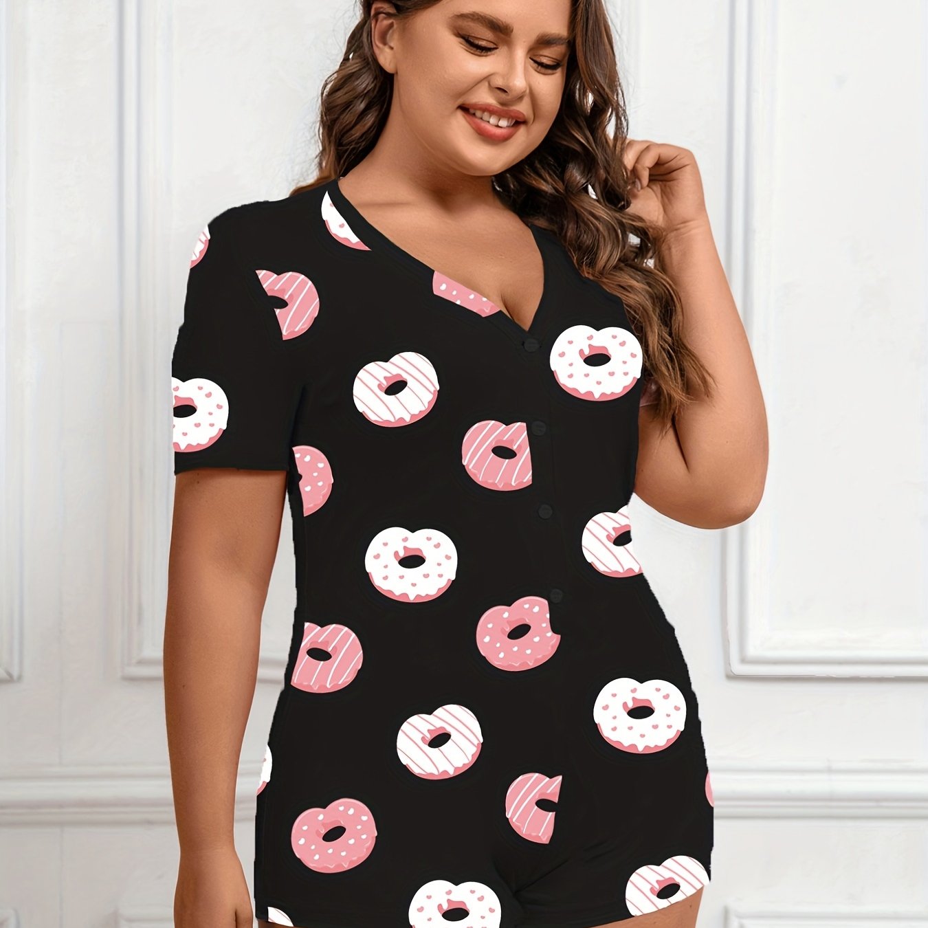 Donut Print Button Up V Neck Pajama Romper