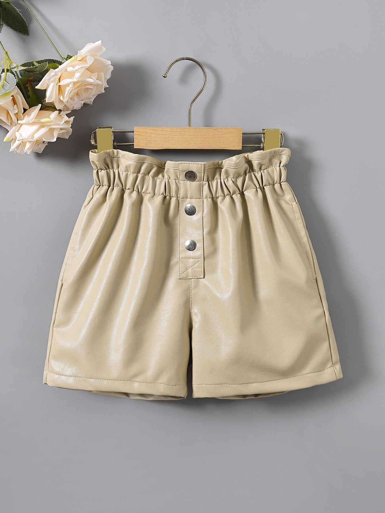 Girls High Waist Ruffles PU Leather Button Shorts