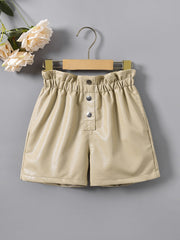 Girls High Waist Ruffles PU Leather Button Shorts