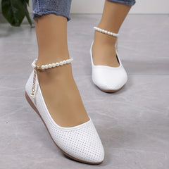 Perforated Pointed Toe Flats Faux Pearl Ankle Strap Shoes