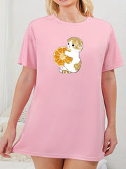 Cat & Orange Print Short Sleeve Nightdress