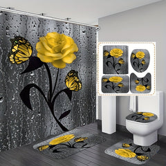 Yellow Rose Bathroom Set with Shower Curtain and 12 Hooks