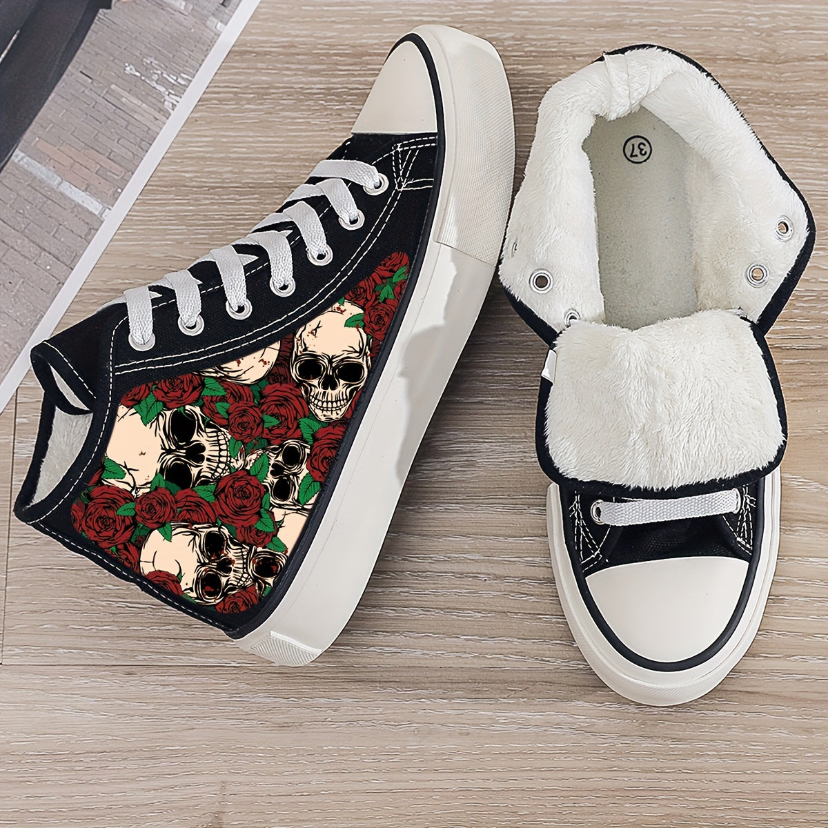 Skull & Rose Print Plush Lined Thermal Chunky Canvas Sneakers