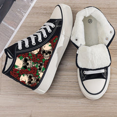 Skull & Rose Print Plush Lined Thermal Chunky Canvas Sneakers