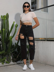 Distressed Loose Straight Leg Jeans with Pockets