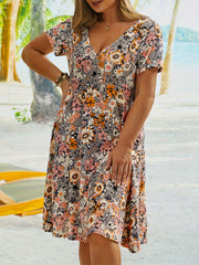 Floral Print Short Sleeve V Neck Stretch Dress