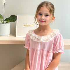 Girls Puff Sleeve Nightdress Lace Round Neck Dress Pajamas