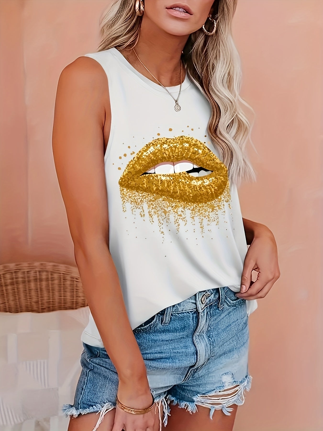 Lip Print Crew Neck Tank Top Sleeveless Casual Women's Summer Clothing