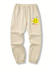 Yellow Face Print Drawstring Sweatpants Loose Fit Casual Joggers