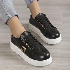 Women's PU Leather Casual Shoes Lightweight Low Top Lace Up Platform Sneakers