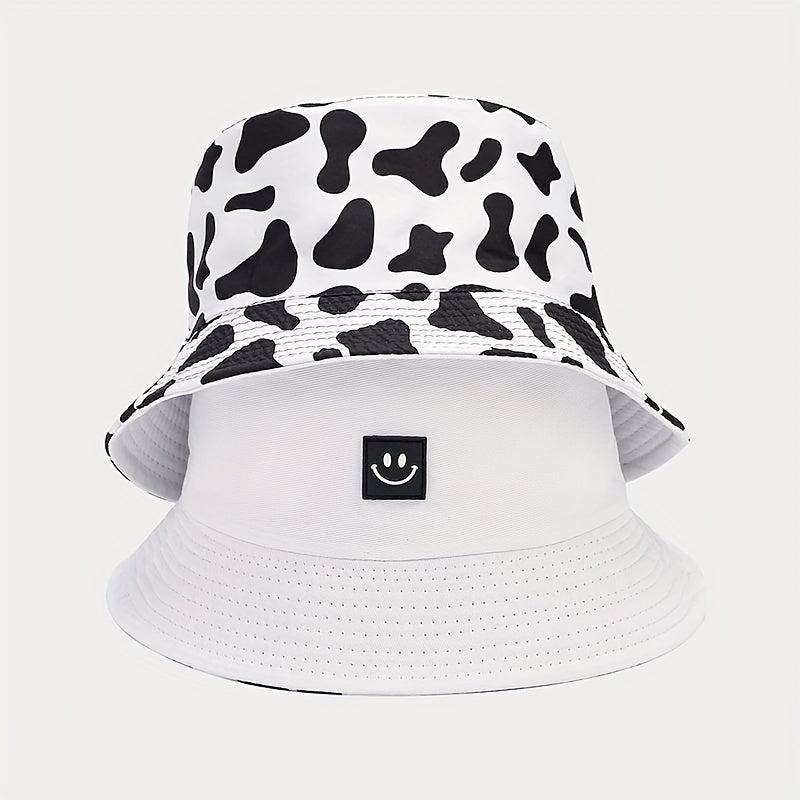 1pc Versatile Bucket Hat Double Sided Smile Face Cow Pattern Sun Hat