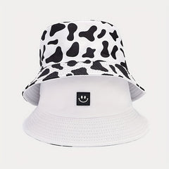 1pc Versatile Bucket Hat Double Sided Smile Face Cow Pattern Sun Hat