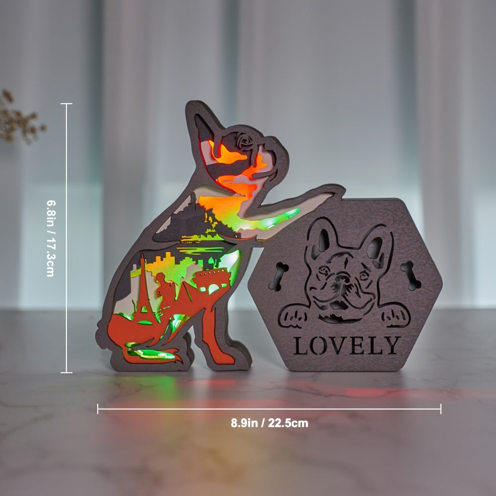French Bulldog 3D Wooden Carving LED Night Light Pencil Holder