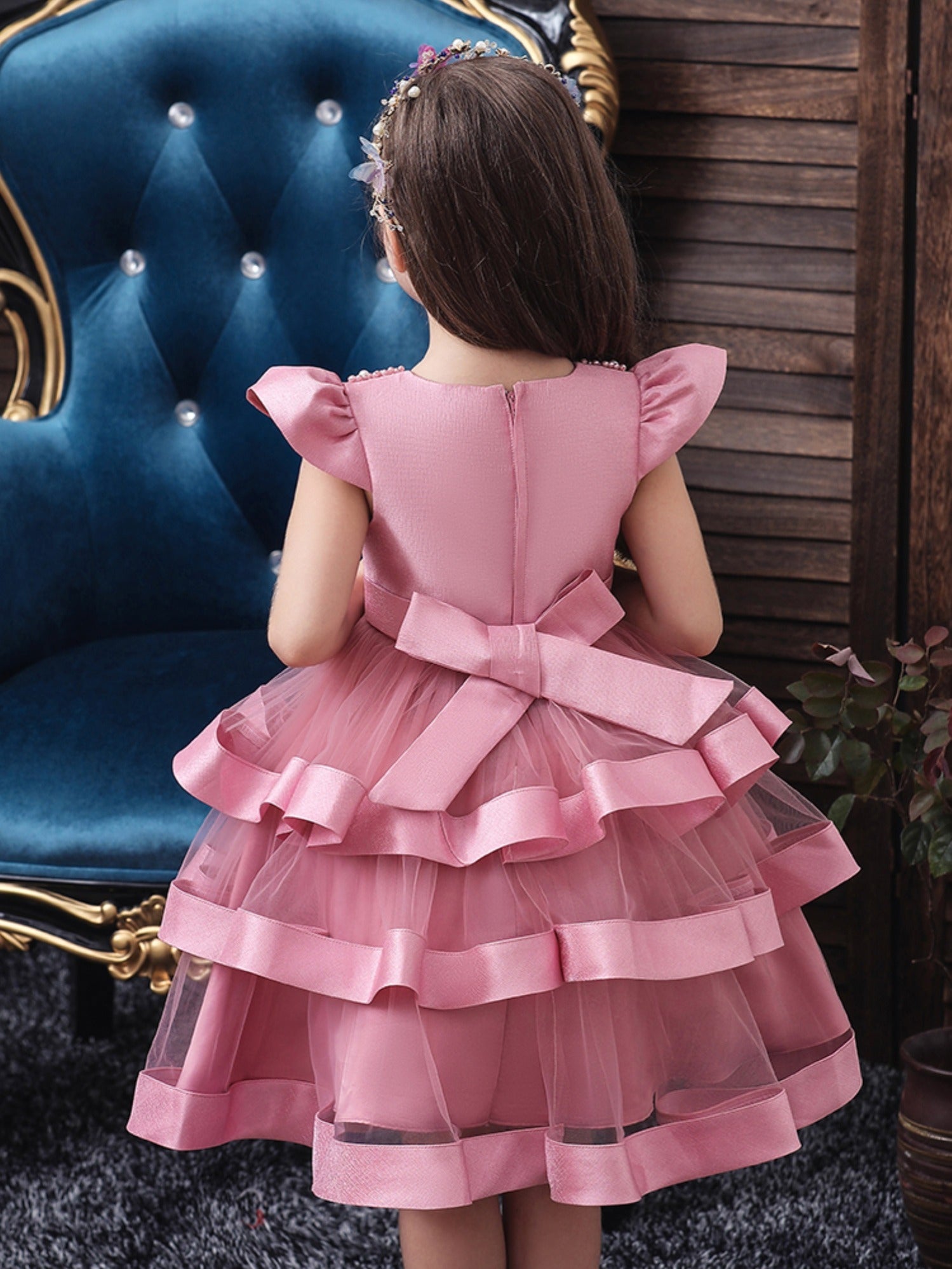 Girls Mesh Princess Dress Fly Sleeve Bow Belt Layer Dress