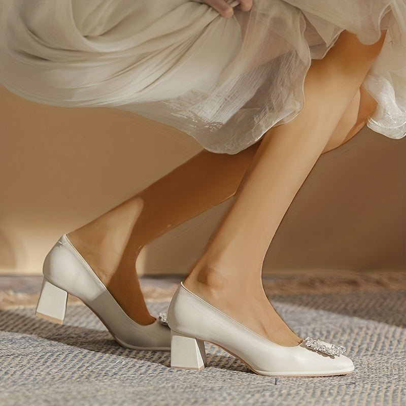 Rhinestone Chunky Heel Pumps Comfortable Slip-On Shoes for Women