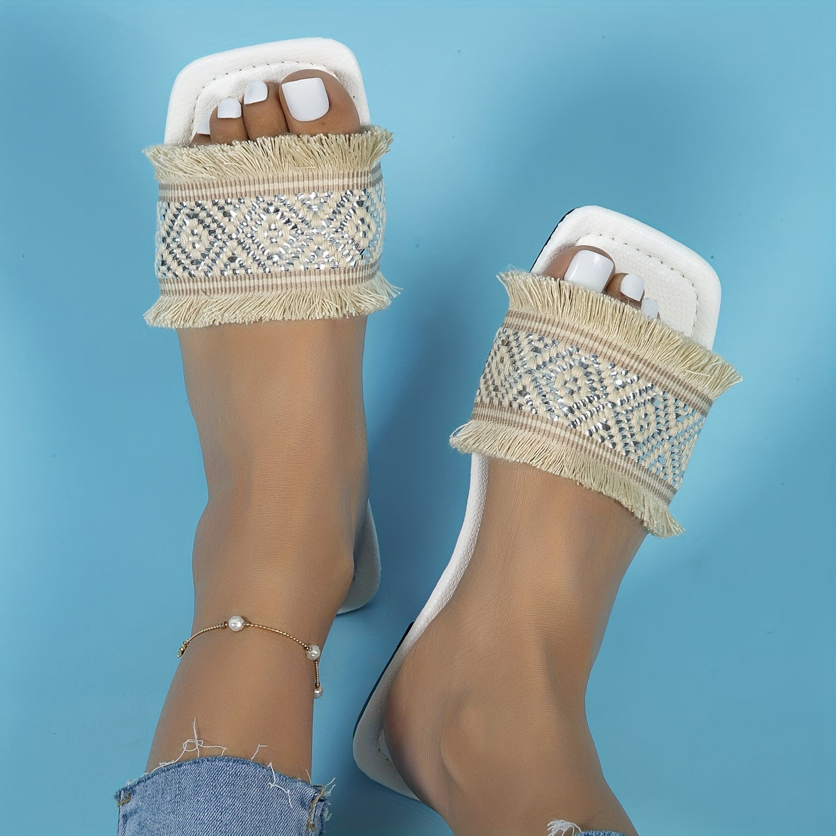 Women's Casual Tassel Flat Slides Square Open Toe Non Slip Shoes