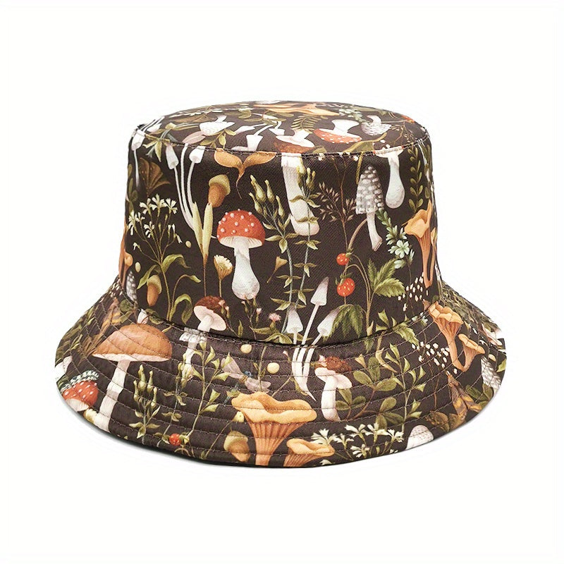 Brown Mushroom Print Bucket Hat Reversible Cartoon Sunscreen Basin Hat