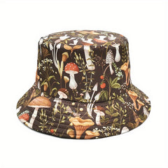 Brown Mushroom Print Bucket Hat Reversible Cartoon Sunscreen Basin Hat
