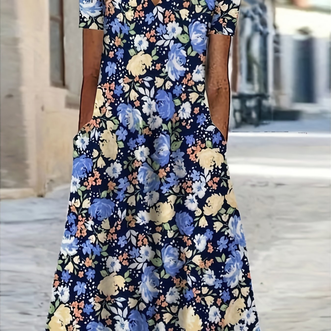 Maxi Dress Notched Neck Short Sleeve With Pockets
