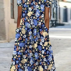 Maxi Dress Notched Neck Short Sleeve With Pockets