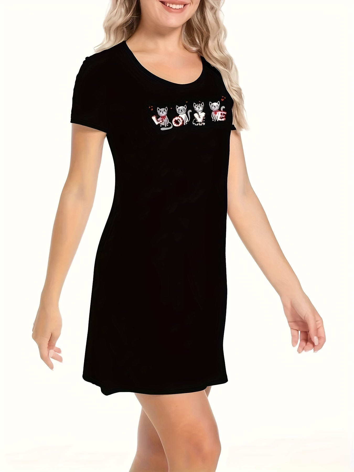 Cartoon Cat Print NightDress Short Sleeve Pajama Dress Women's Sleepwear