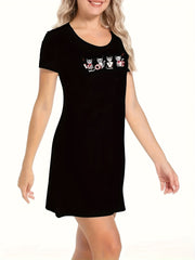Cartoon Cat Print NightDress Short Sleeve Pajama Dress Women's Sleepwear