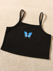 3pcs Girls Bow Butterfly Cami Tops Jogger Pants Asymmetrical Trim Set