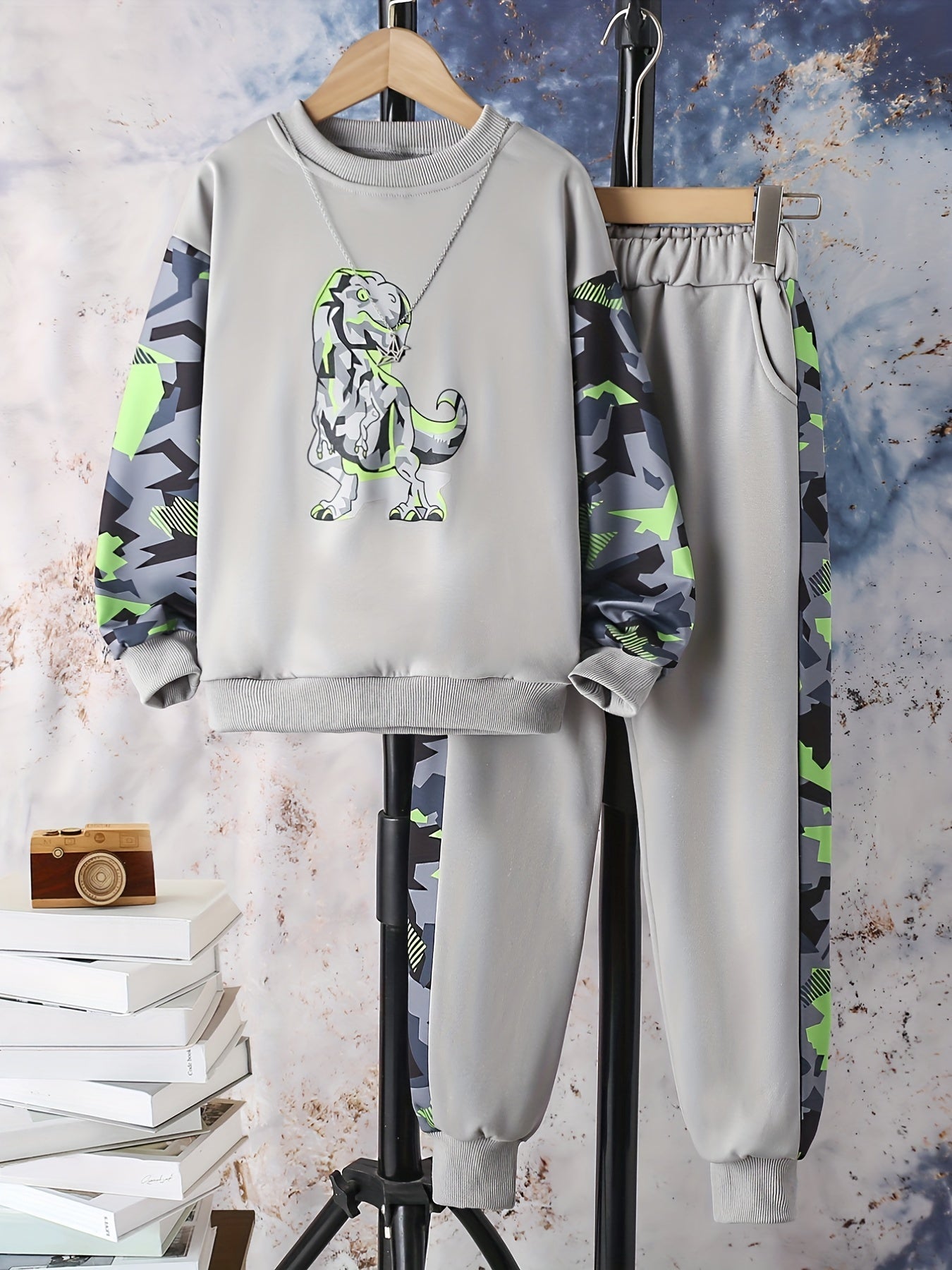 Geometric Dino Boy's Sweatshirt & Sweatpants Set For Kids