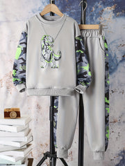 Geometric Dino Boy's Sweatshirt & Sweatpants Set For Kids