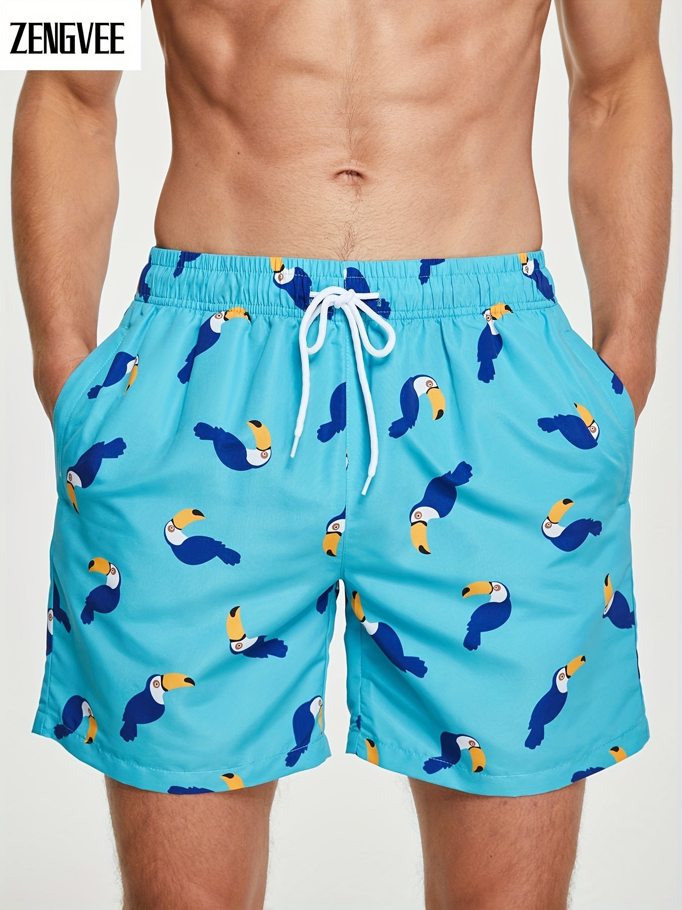 Men's Floral Pattern Print Sports Shorts with Zipper Pocket