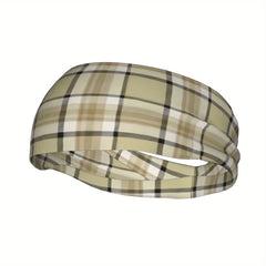 Vintage Plaid Headband Beige & Brown Checkered Pattern Elastic Fit